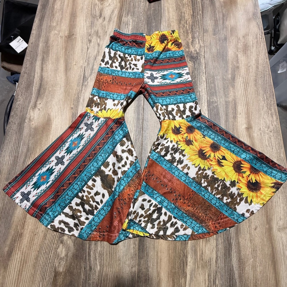 Western Unbranded Bell Bottom Pants Sunflower Cow Print Boho 4-5Y